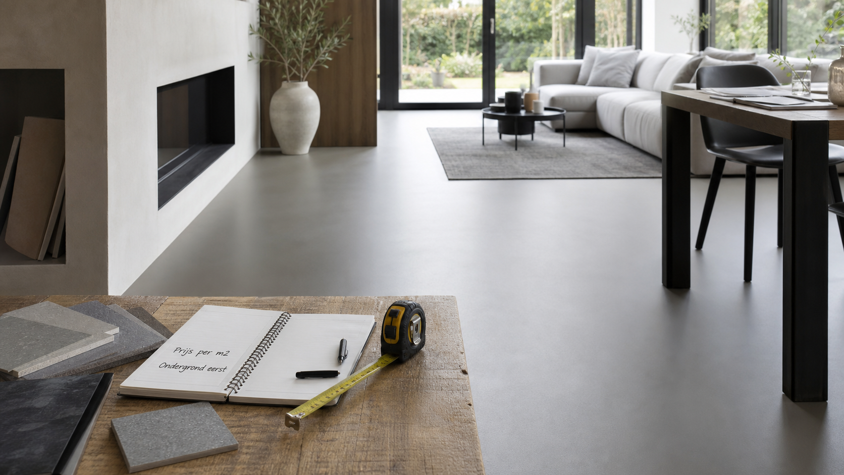 Realistische gietvloer renovatie met prijsnotities