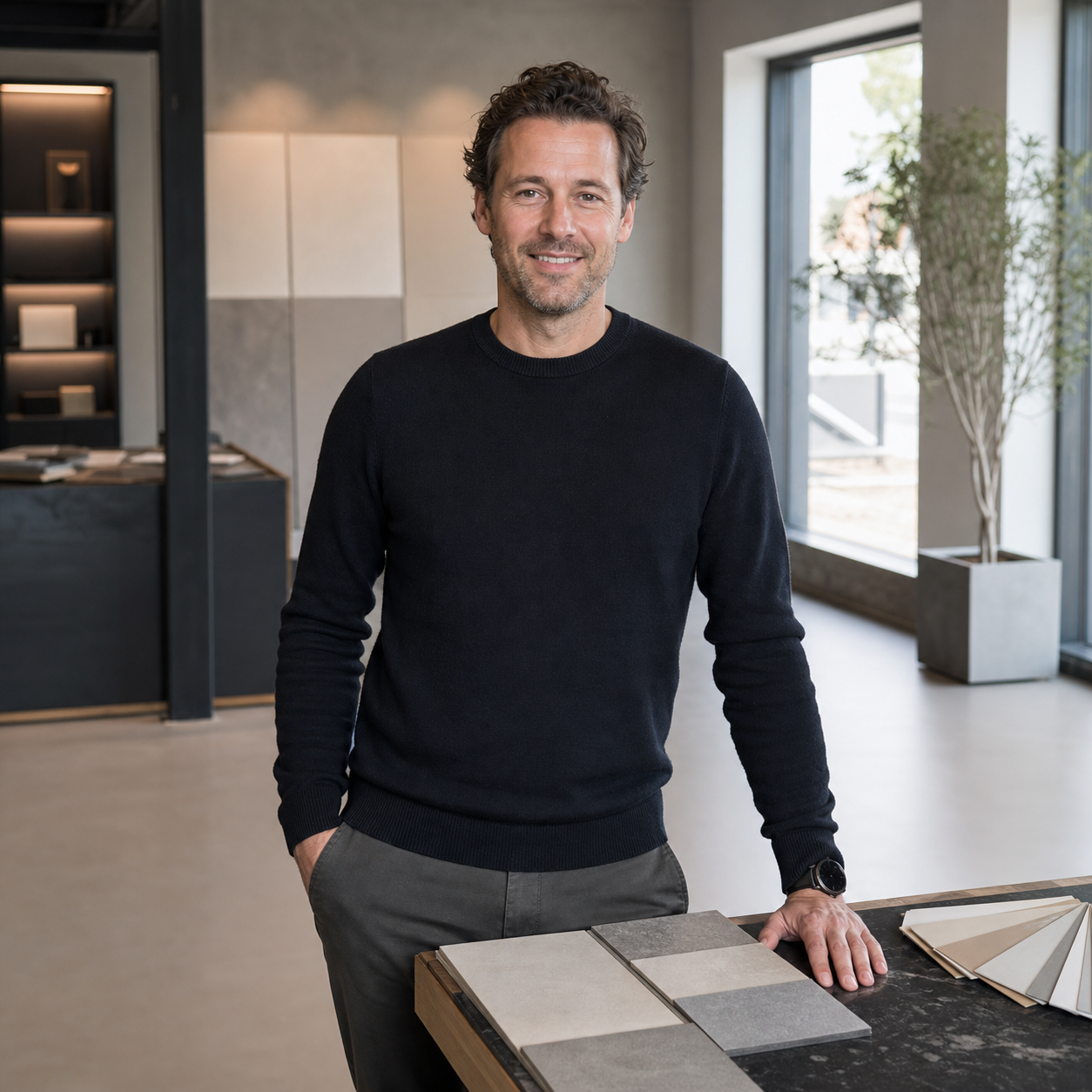 Vloerprijsadviseur in showroom met gietvloer stalen